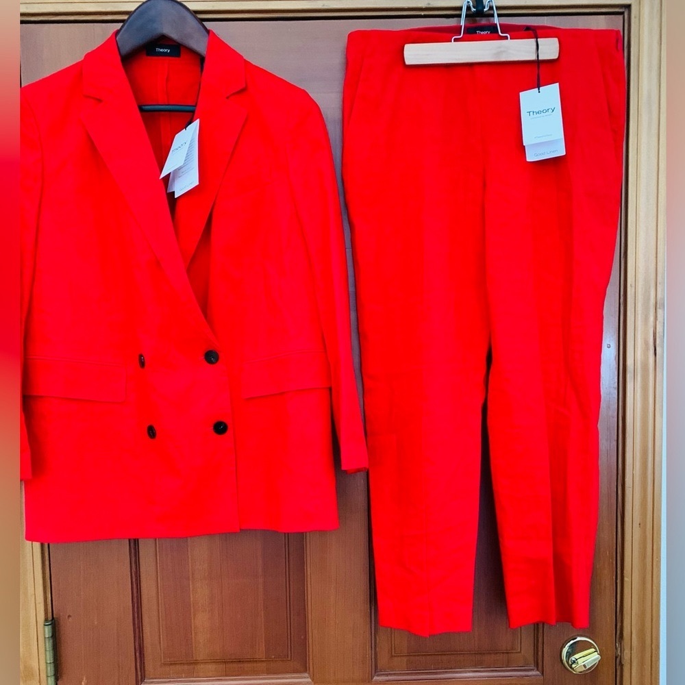 NWT Theory Stretchable Linen Scarlet Pantsuit Sz 8 in Eco Crunch Wash Paid $770